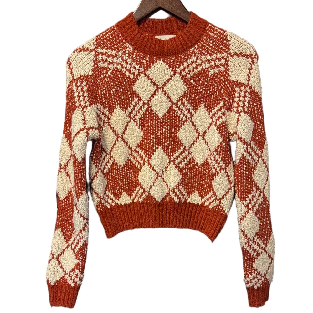 Coco + Jaimeson Elegant Crop Jacquard Argyle Knit Sweater in Copper Spice Size S - Picture 2 of 3